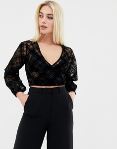 Топ с запахом и флоковым принтом в клетку ASOS DESIGN - Черный