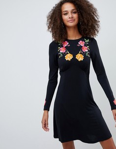 Чайное платье с длинными рукавами и вышивкой ASOS DESIGN - Черный