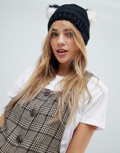 Шапка с двумя помпонами из искусственного меха Pull&bear - Черный