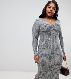 Меланжевое платье миди в рубчик на пуговицах ASOS DESIGN Curve - Серый