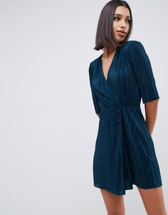 Плиссированное платье мини с пуговицами ASOS DESIGN - Зеленый