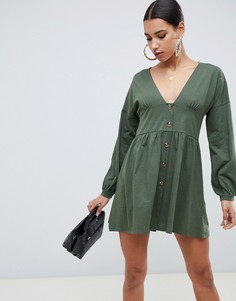 Свободное платье с пуговицами, длинными рукавами и вставкой на талии ASOS DESIGN - Зеленый