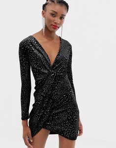 Бархатное платье с запахом и леопардовым принтом New Look - Черный
