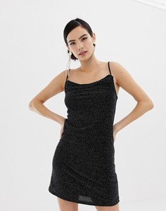 Черное блестящее облегающее платье мини со свободным воротом Miss Selfridge - Черный