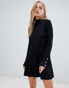 Черное свободное платье с высоким воротом и пуговицами Pull&bear - Черный
