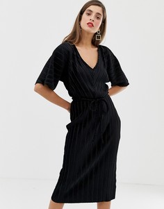 Плиссированное черное бархатное платье-футболка с завязкой на талии River Island - Черный