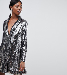 Платье-смокинг с пайетками и плиссировкой ASOS DESIGN Tall - Серебряный