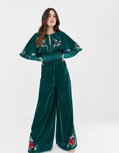Бархатный комбинезон в стиле кимоно с вышивкой и отделкой ASOS DESIGN - Зеленый
