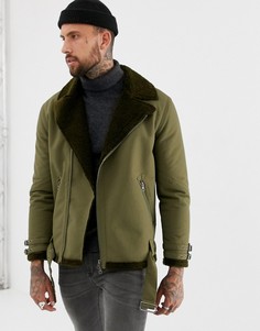 Байкерская куртка цвета хаки с подкладкой из искусственного меха ASOS DESIGN - Зеленый