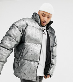 Свободная дутая куртка серебристого цвета с отделкой пайетками ASOS DESIGN Plus - Серебряный