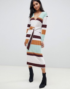 Полосатое платье миди в рубчик в стиле 70-х с узелком ASOS DESIGN - Мульти