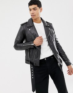 Кожаная байкерская куртка на молнии Barneys Originals - Черный