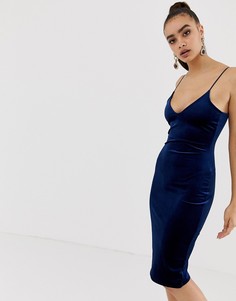 Темно-синее бархатное платье миди на бретельках Missguided - Темно-синий