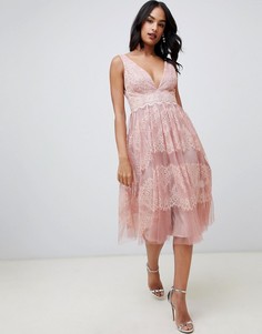 Сетчатое платье миди с кружевными вставками ASOS DESIGN - Серый