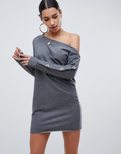 Трикотажное платье с открытыми плечами и пуговицами с роговым эффектом ASOS DESIGN - Серый