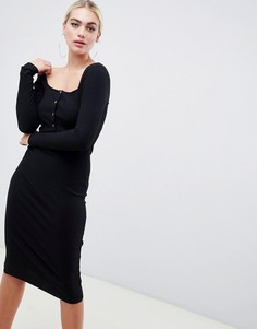 Облегающее платье миди в рубчик с длинными рукавами и пуговицами с эффектом рога ASOS DESIGN - Черный