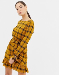 Приталенное платье горчичного цвета в клетку с завязками на рукавах Boohoo - Мульти