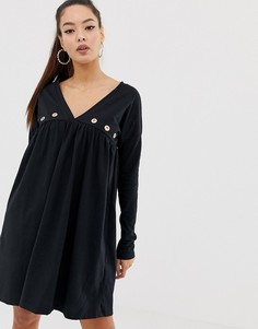 Свободное хлопковое платье с длинными рукавами и люверсами ASOS DESIGN - Черный