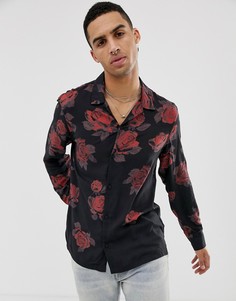 Рубашка с отложным воротником и принтом роз AllSaints - Черный