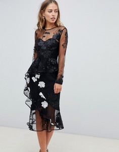 Платье миди с длинными рукавами, цветочной вышивкой и оборкой ASOS DESIGN - Черный