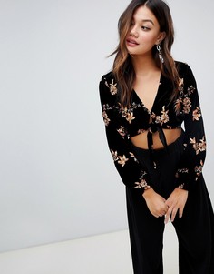 Черная бархатная блузка с цветочной вышивкой и завязкой спереди Miss Selfridge - Черный