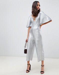 Блестящий серебристый комбинезон с широкими штанинами Miss Selfridge - Серебряный