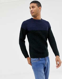 Синий джемпер в стиле колор блок с узором косичка Burton Menswear - Синий