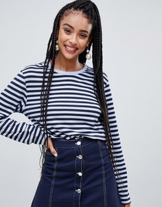 Oversize-топ в синюю полоску с длинными рукавами и круглым вырезом Monki - Синий