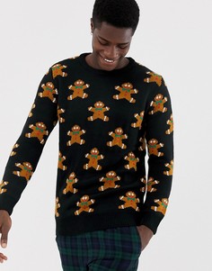 Джемпер с новогодним рисунком пряничных человечков Pull&Bear - Серый