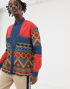 Джинсовая oversize-рубашка с ацтекским принтом на вставках ASOS DESIGN - Мульти