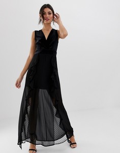 Платье макси с V-образным вырезом и сетчатыми вставками TFNC - Черный