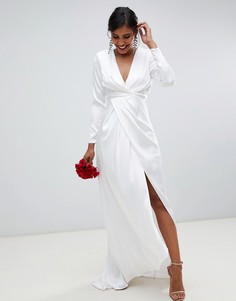 Атласное платье с глубоким вырезом и запахом ASOS EDITION - Белый