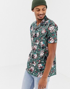 Новогодняя рубашка с короткими рукавами, отложным воротником и принтом в виде снеговика Urban Threads - Зеленый