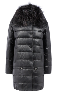 Утепленное кожаное пальто с отделкой мехом енота La Reine Blanche