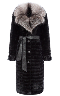 Шуба из мутона с отделкой мехом песца и натуральной кожей Снежная Королева