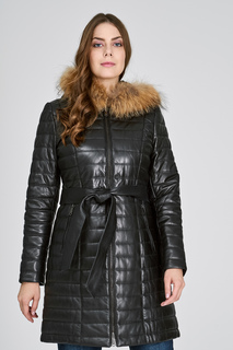 Утепленное кожаное пальто с отделкой мехом енота La Reine Blanche