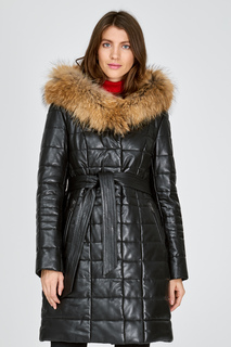 Утепленное кожаное пальто с отделкой мехом песца La Reine Blanche