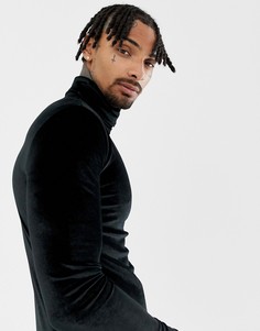 Черный облегающий велюровый лонгслив с отворачивающимся воротом ASOS DESIGN - Черный