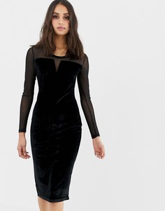 Облегающее бархатное платье с сетчатыми вставками QED London - Черный