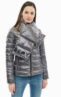 Демисезонный пуховик серебристого цвета с шарфом Dkny