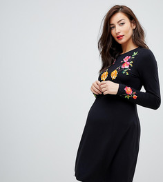 Чайное платье с длинными рукавами и вышивкой ASOS DESIGN Maternity - Черный