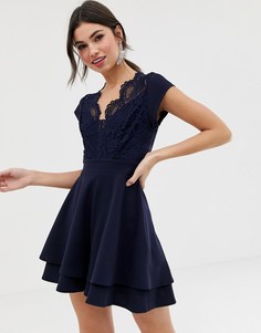 Короткое приталенное платье с кружевным топом TFNC - Темно-синий