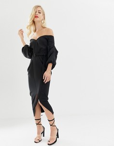 Платье миди с поясом, открытыми плечами и пышными рукавами ASOS DESIGN - Черный