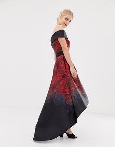 Атласное платье миди с асимметричным краем и принтом роз Chi Chi London - Мульти