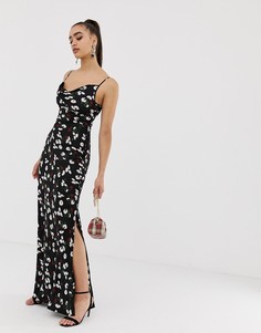 Черное платье-комбинация макси со свободным воротом и цветочным принтом Missguided - Мульти