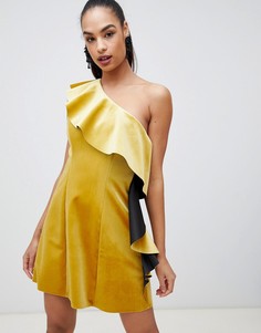 Бархатное платье мини на одно плечо с оборками ASOS DESIGN - Желтый