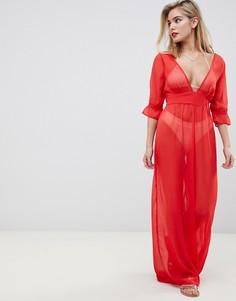 Красный шифоновый пляжный комбинезон с глубоким вырезом ASOS DESIGN - Красный