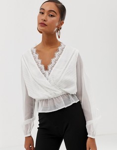 Белая блузка с запахом и блестящими полосками Miss Selfridge - Кремовый