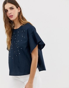 Блузка с отделкой и оборками на рукавах QED London - Темно-синий