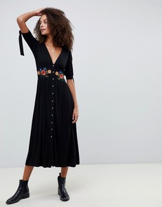 Чайное платье миди с вышивкой на пуговицах ASOS DESIGN - Черный